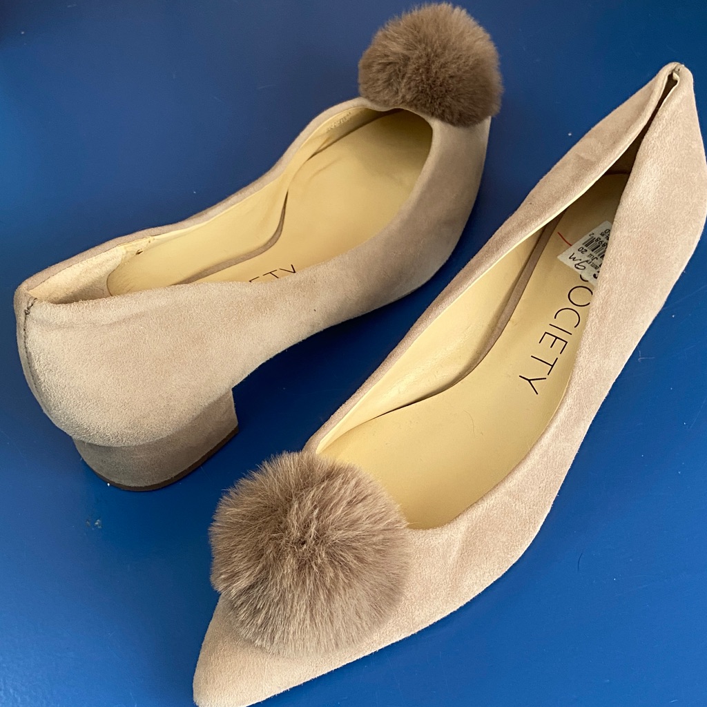 Society Women's Mirem Beige Suede Sweet Flats With Pom-Poms 9 New Vegan $113